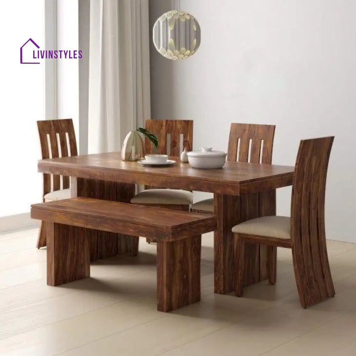 Sheesham Wood Dining Set Six Seater With Bench | Room Furniture In Honey Finish