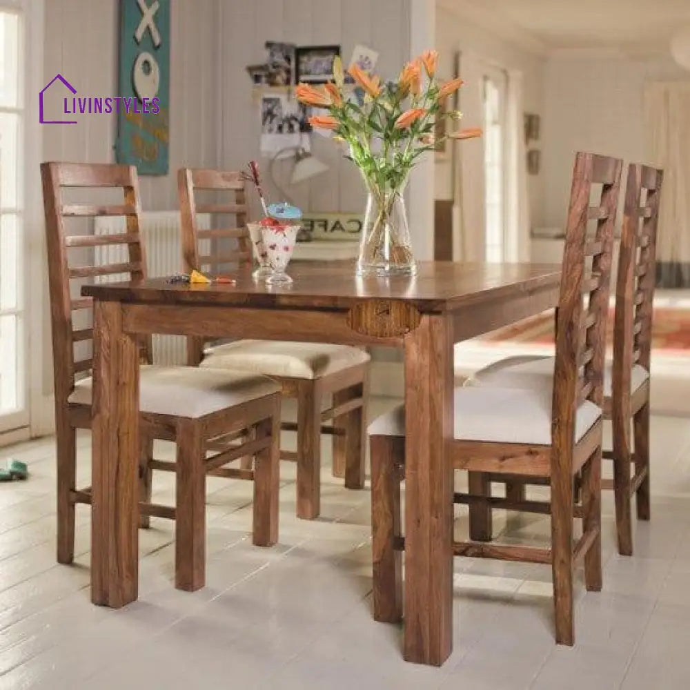 Sheesham Wood Four Seater Dining Table Set In Honey Finish