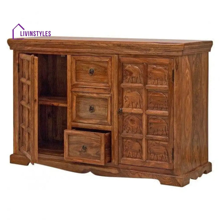 Sheesham Wood Mammoth Sideboard Three Drawer Two Door Storage Unit (Honey Finish)