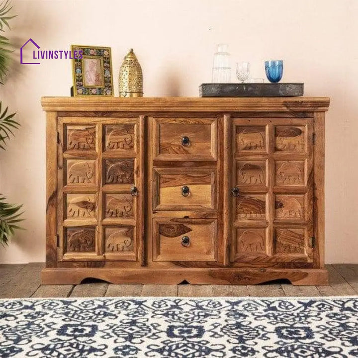 Sheesham Wood Mammoth Sideboard Three Drawer Two Door Storage Unit (Honey Finish)