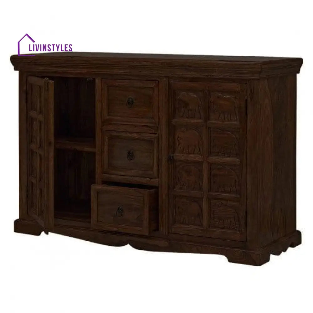 Sheesham Wood Mammoth Sideboard Three Drawer Two Door Storage Unit (Walnut Finish)