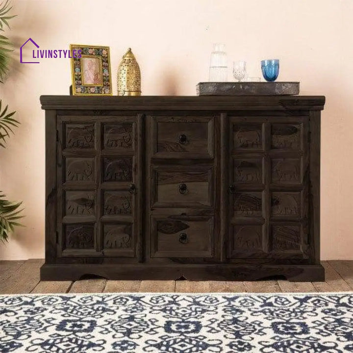 Sheesham Wood Mammoth Sideboard Three Drawer Two Door Storage Unit (Walnut Finish)