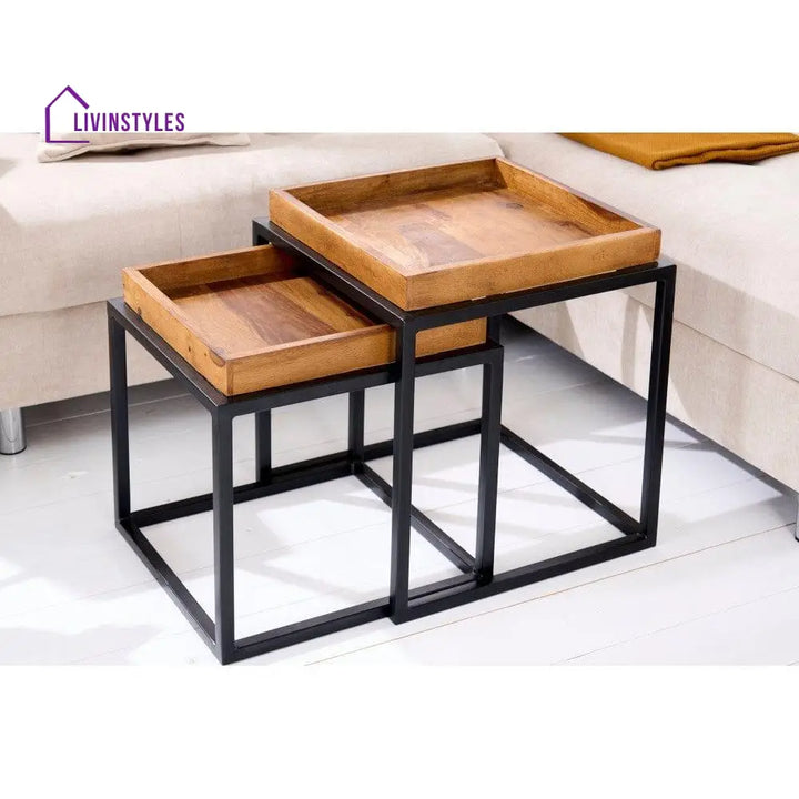 Sheesham Wood Nested Table With Metal Stand In Honey Finish