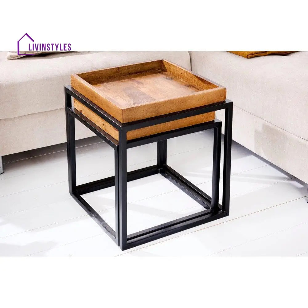 Sheesham Wood Nested Table With Metal Stand In Honey Finish