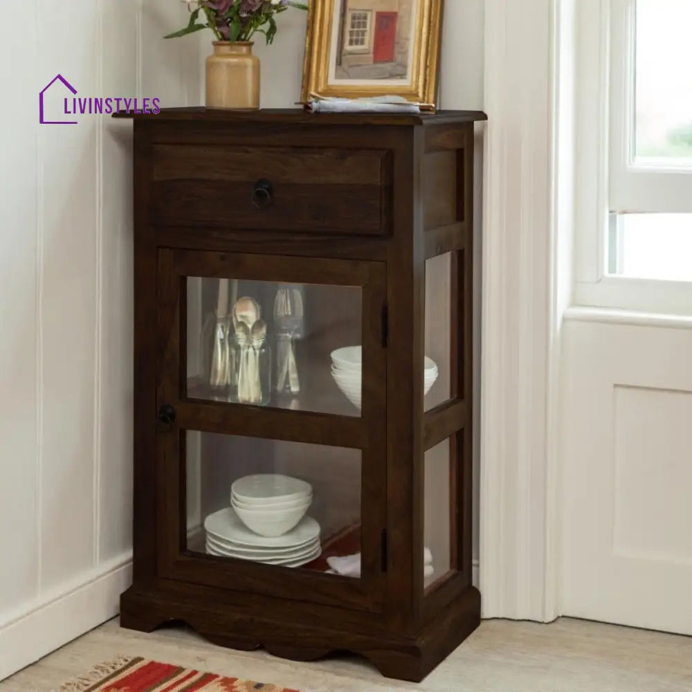 Sheesham Wood One Drawer Crockery Cabinet Small In Walnut Finish