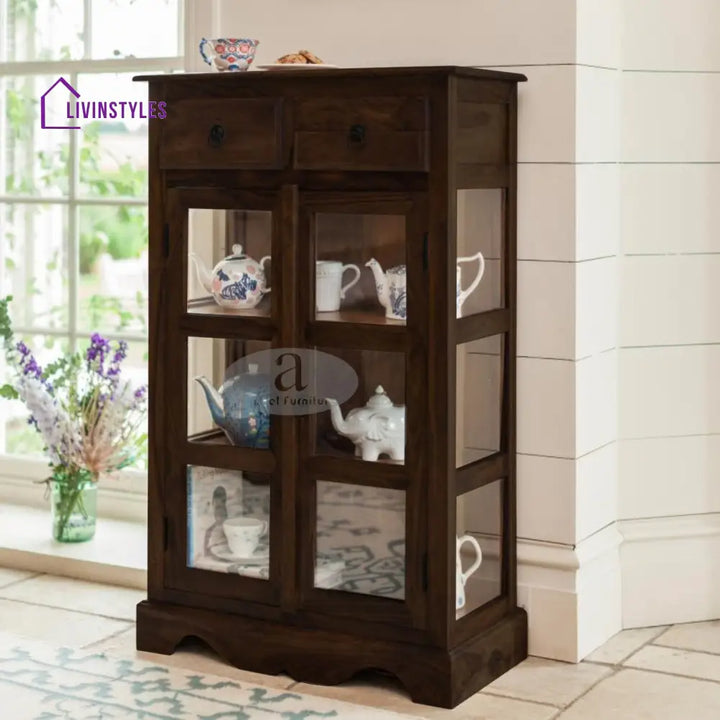 Sheesham Wood One Drawer Crockery Cabinet Small In Walnut Finish