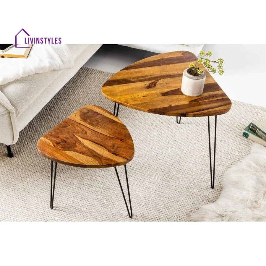 Sheesham Wood Oval Shape Nested Coffee Table With Hairpin Legs In Honey Finish