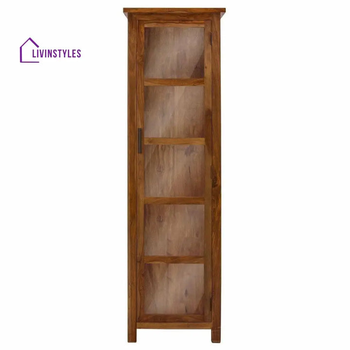 Sheesham Wood Single Door Crockery Cabinet Tall In Honey Finish