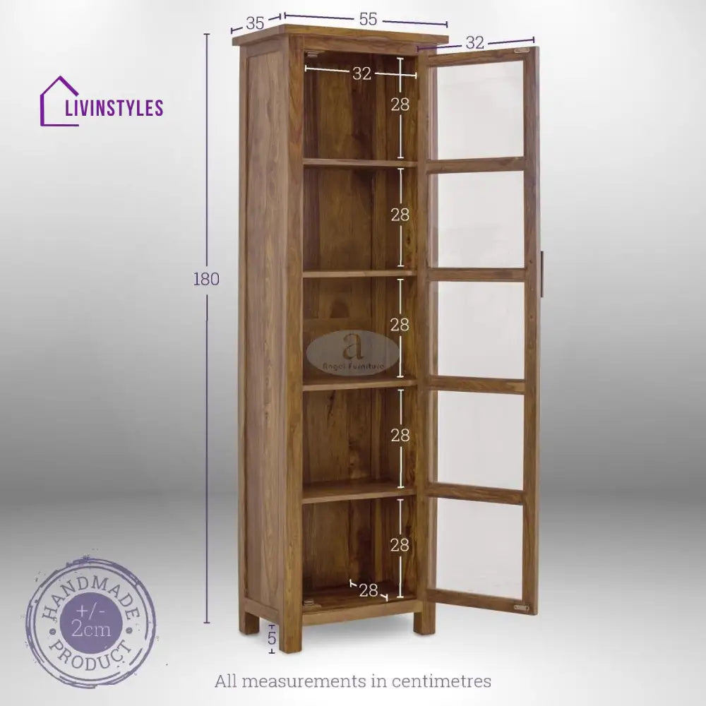 Sheesham Wood Single Door Crockery Cabinet Tall In Honey Finish