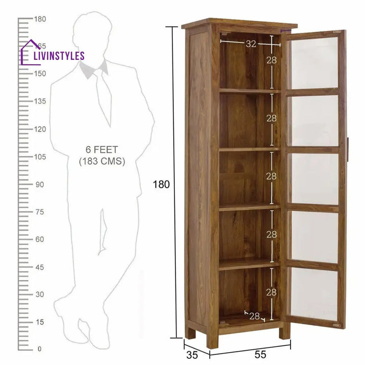 Sheesham Wood Single Door Crockery Cabinet Tall In Honey Finish