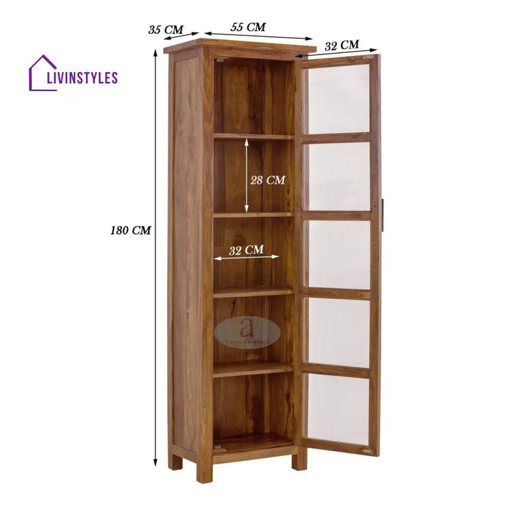 Sheesham Wood Single Door Crockery Cabinet Tall In Honey Finish