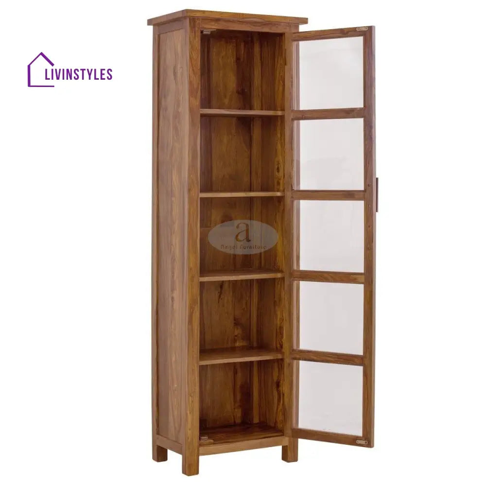 Sheesham Wood Single Door Crockery Cabinet Tall In Honey Finish