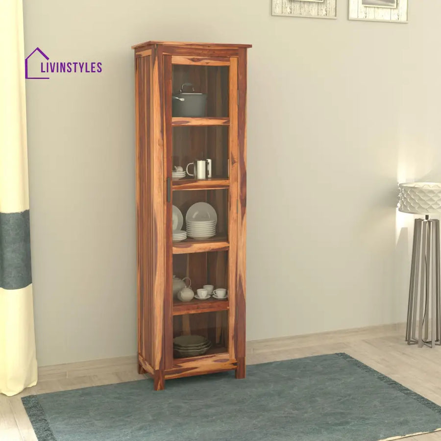 Sheesham Wood Single Door Crockery Cabinet Tall In Honey Finish