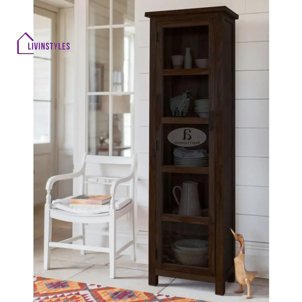 Sheesham Wood Single Door Crockery Cabinet Tall In Walnut Finish