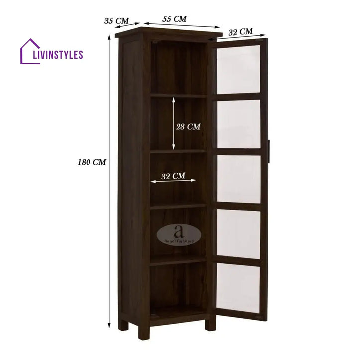 Sheesham Wood Single Door Crockery Cabinet Tall In Walnut Finish