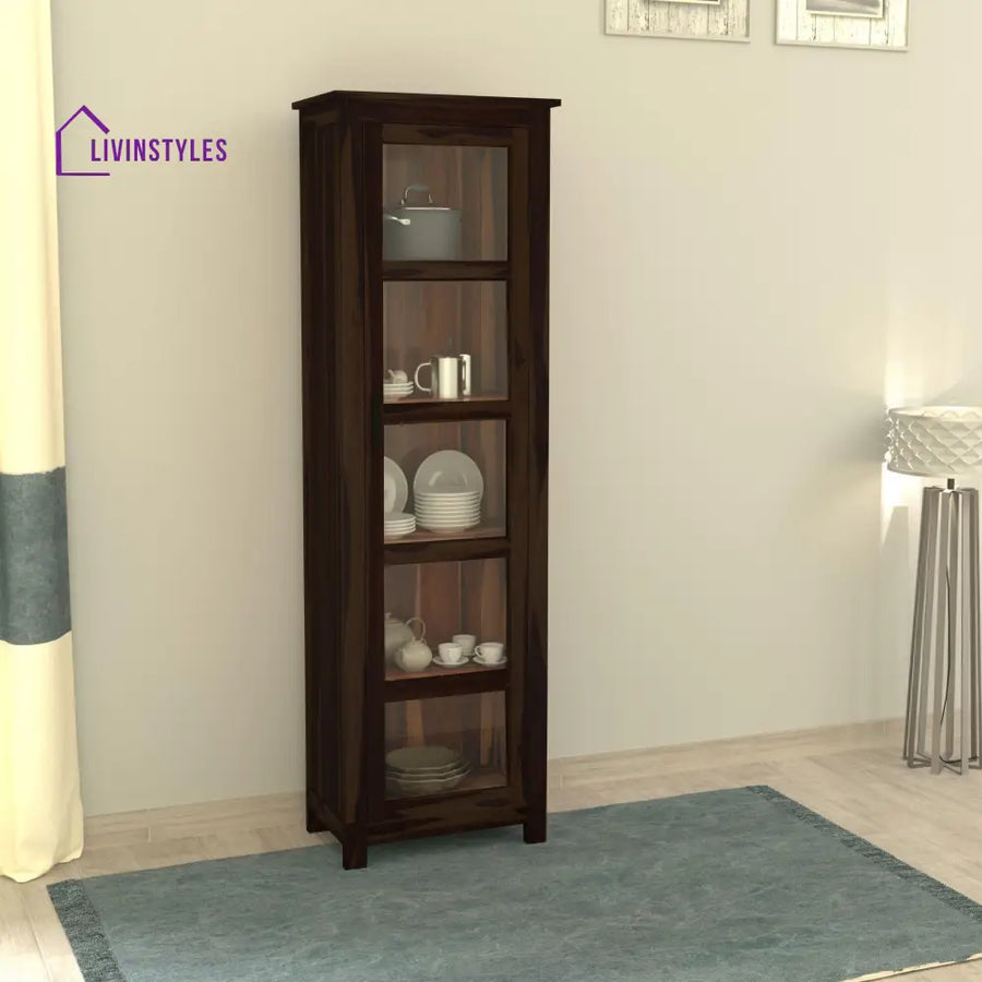 Sheesham Wood Single Door Crockery Cabinet Tall In Walnut Finish