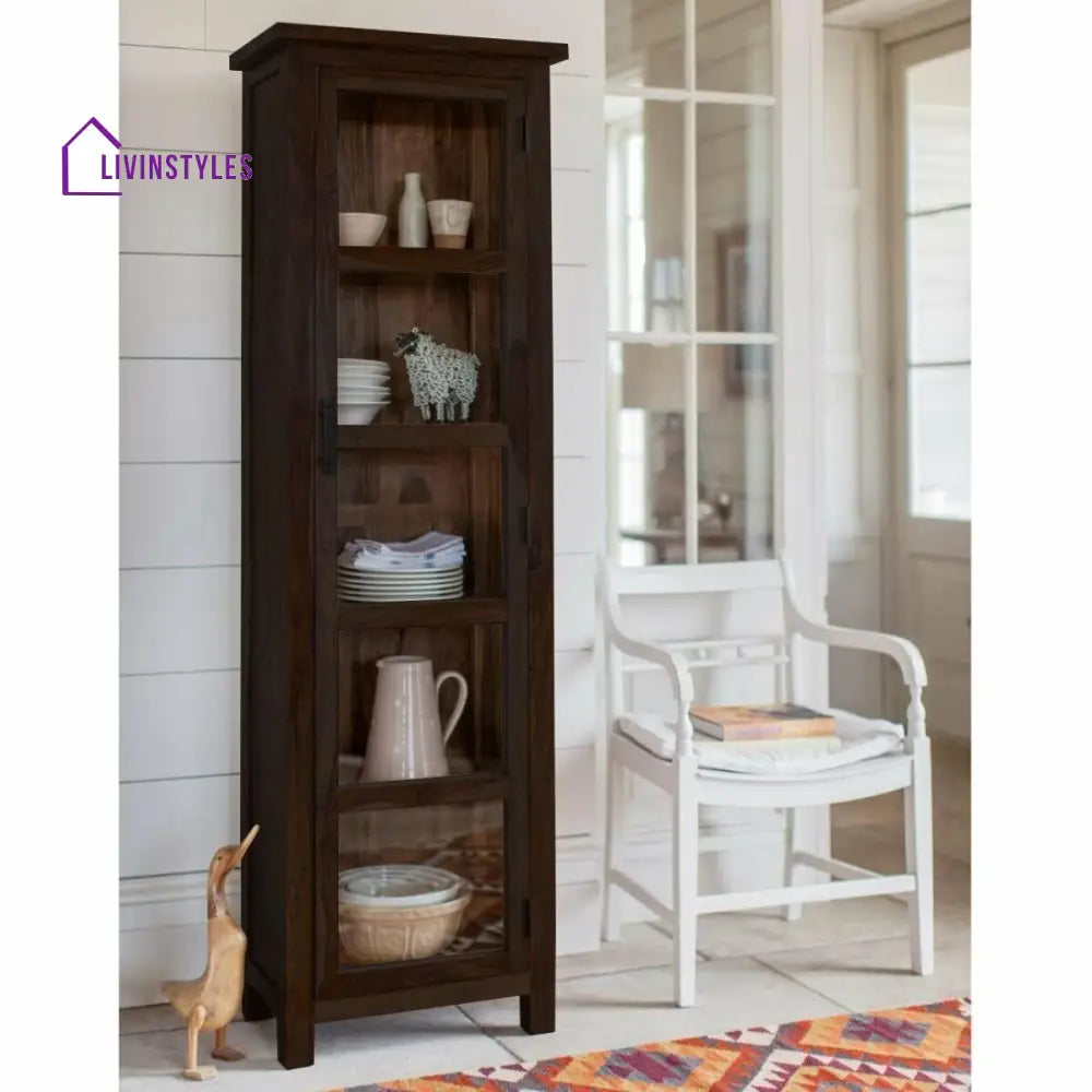 Sheesham Wood Single Door Crockery Cabinet Tall In Walnut Finish