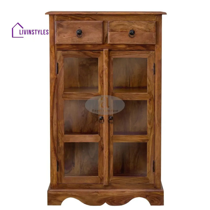 Sheesham Wood Two Drawer Crockery Cabinet Medium In Honey Finish