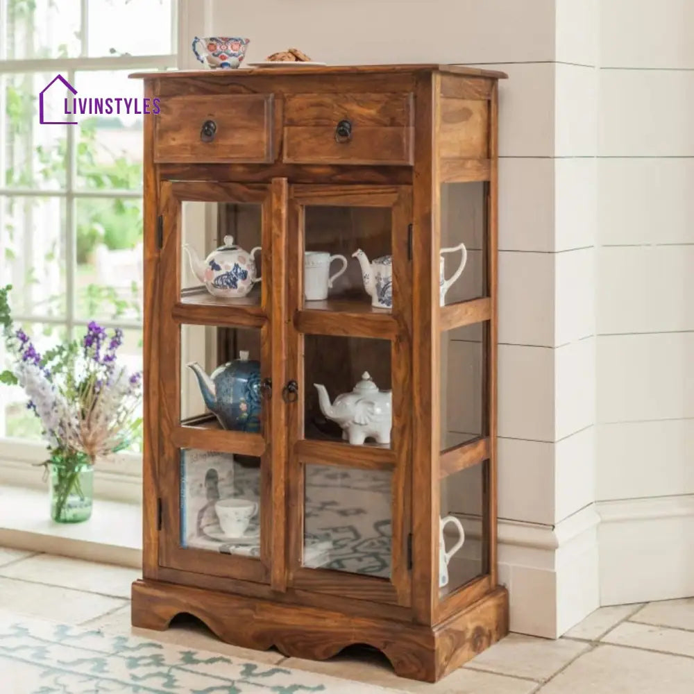 Sheesham Wood Two Drawer Crockery Cabinet Medium In Honey Finish