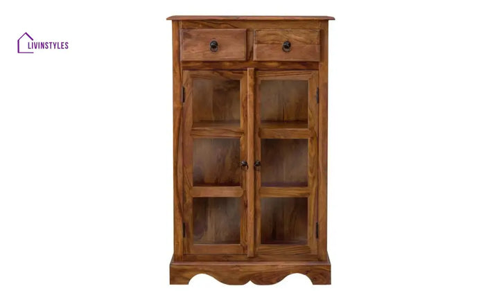 Sheesham Wood Two Drawer Crockery Cabinet Medium In Honey Finish