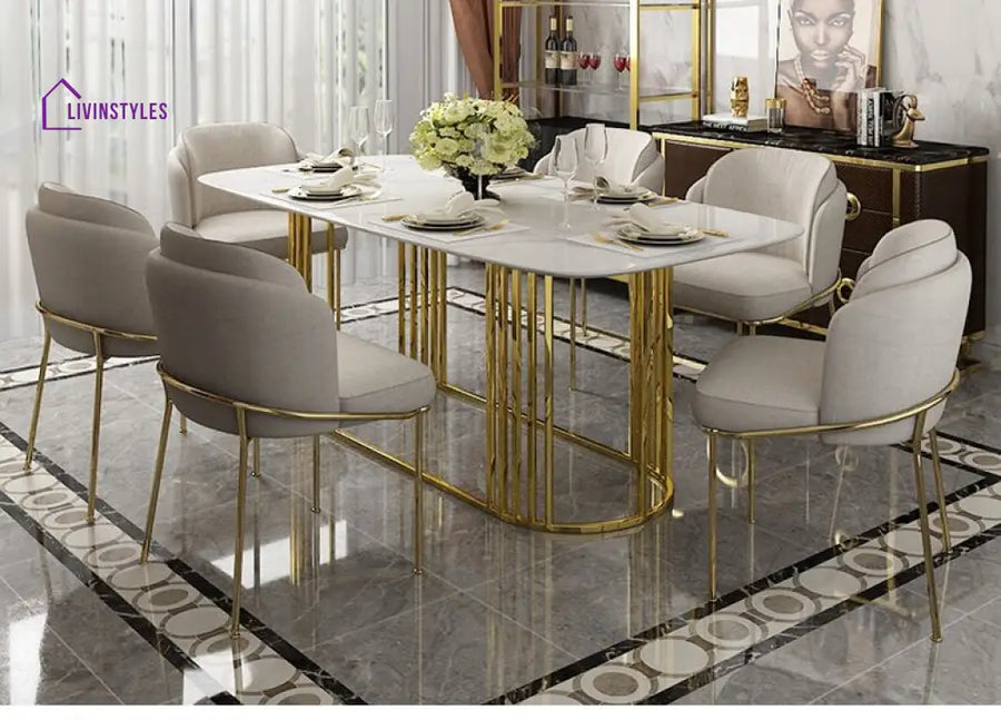 Shilpi Stainless Steel Dinning Table With 6 Chairs | Itallian Composite Marble Dining