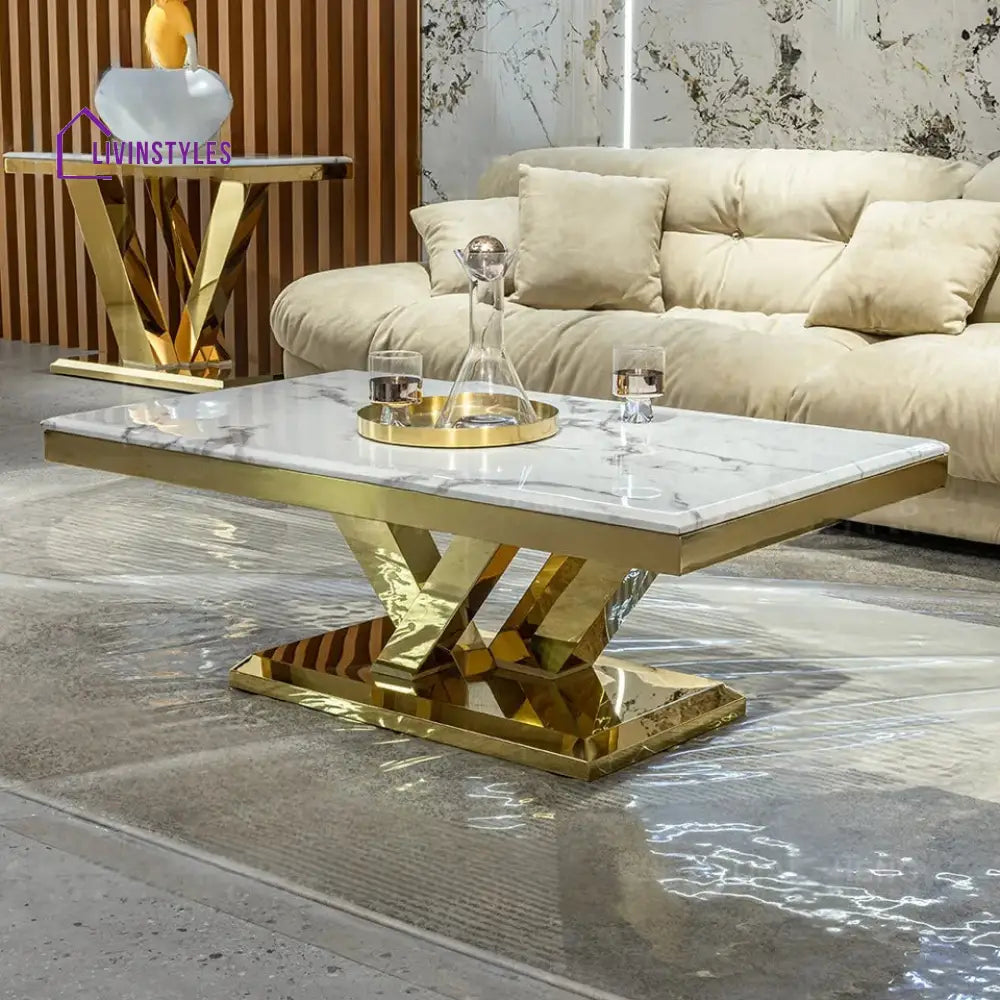 Shobha Glossy Finish Stainless Steel With Marble Top Coffee Table