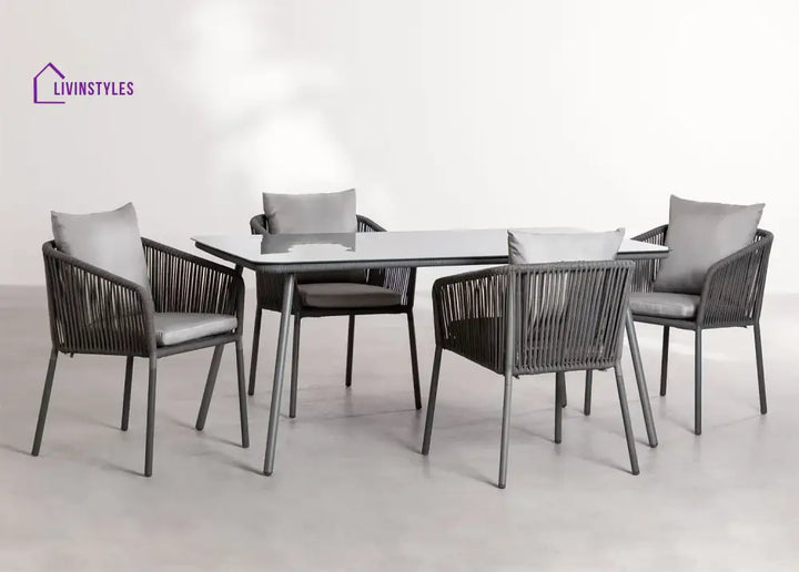 Shweta Outdoor Patio Dining Seating Set 4 Chairs And 1 Table Braided & Rope Grey Coffee Sets