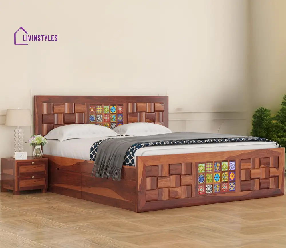 Siddharth Sheesham Wood Bed With Side Drawer Storage (Honey Finish)