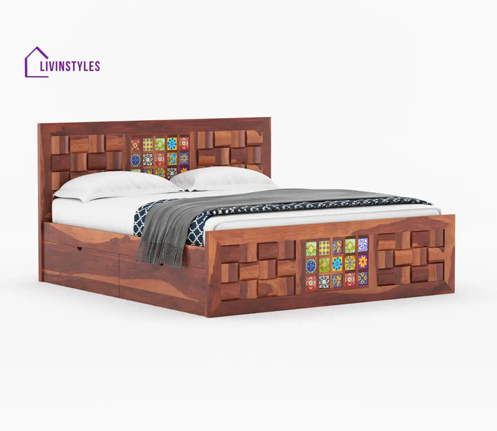 Siddharth Sheesham Wood Bed With Side Drawer Storage (Honey Finish)