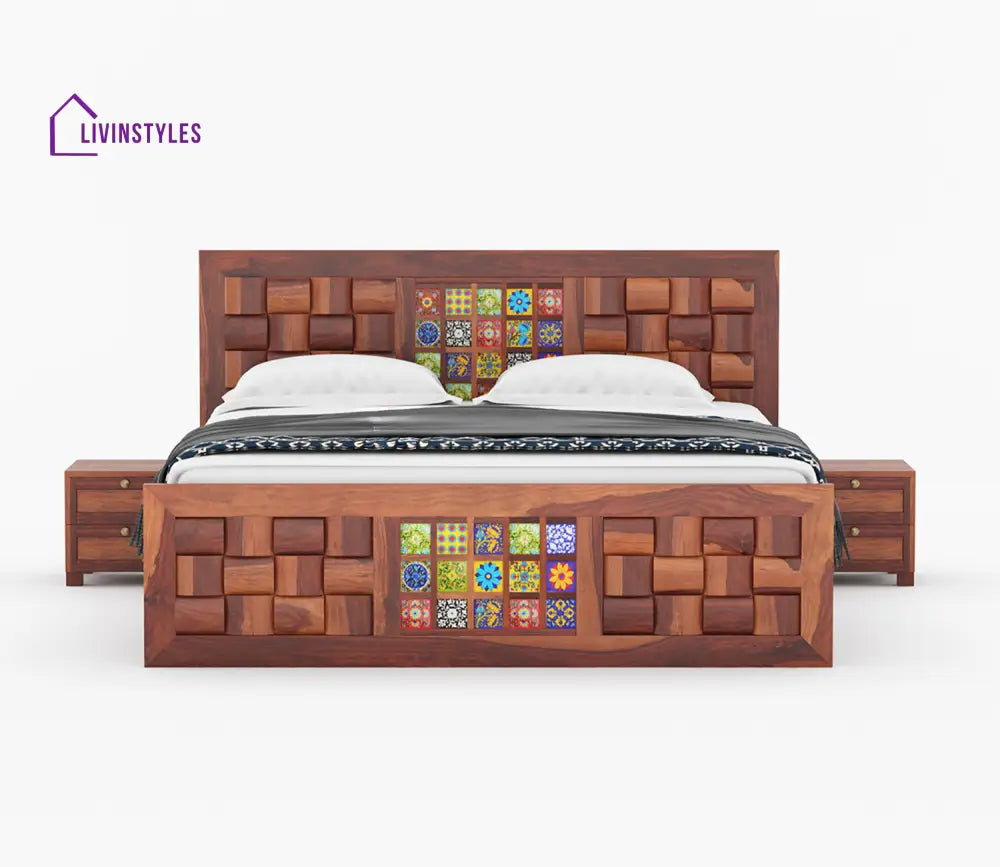 Siddharth Sheesham Wood Bed With Side Drawer Storage (Honey Finish)