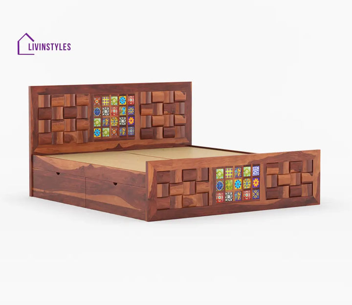 Siddharth Sheesham Wood Bed With Side Drawer Storage (Honey Finish)