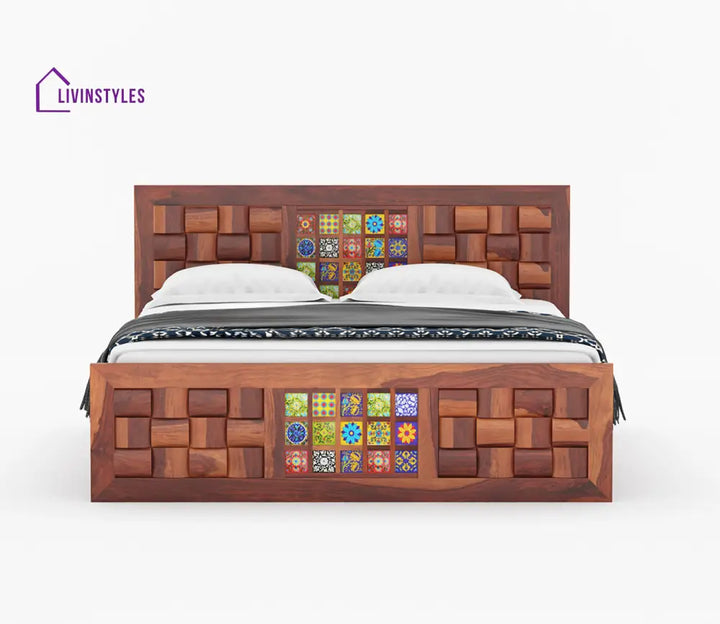 Siddharth Sheesham Wood Bed With Side Drawer Storage (Honey Finish)