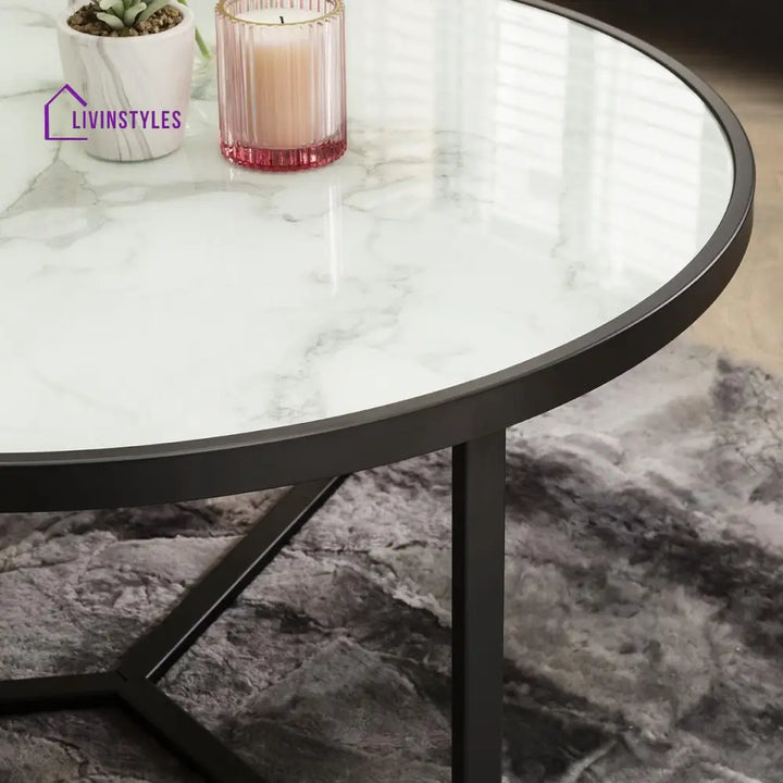 Simran Luxury Circular Metal Coffee Table - Round White Marble-Effect Living Room / Tables