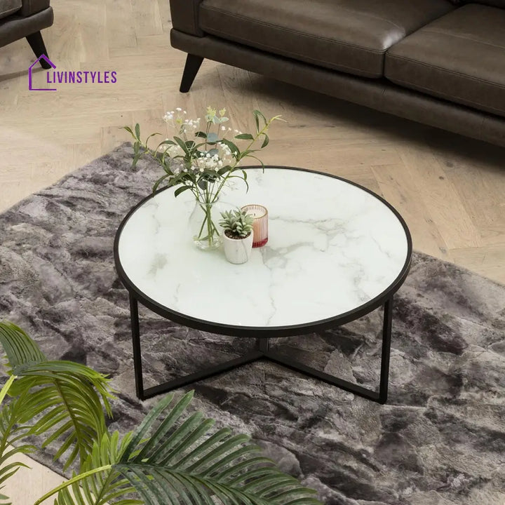 Simran Luxury Circular Metal Coffee Table - Round White Marble-Effect Living Room / Tables