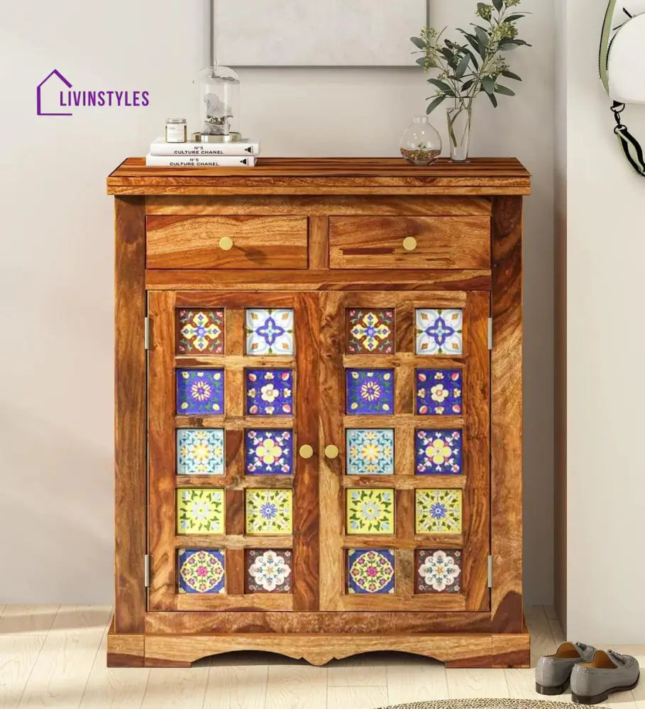 Siramika Sheesham Wood Shoe Cabinet In Rustic Teak Finish