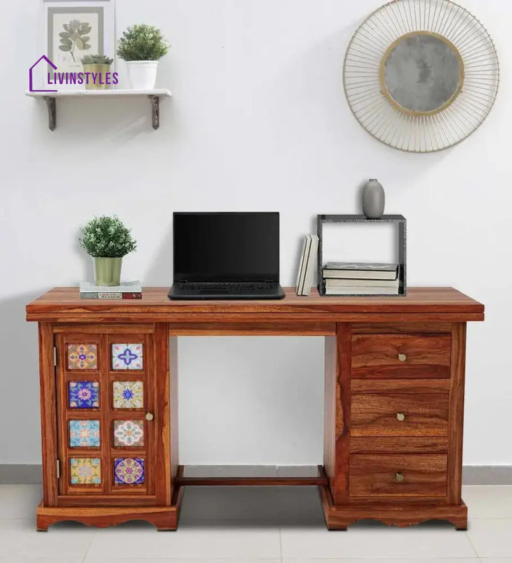 Siramika Sheesham Wood Writing Table In Honey Oak Finish