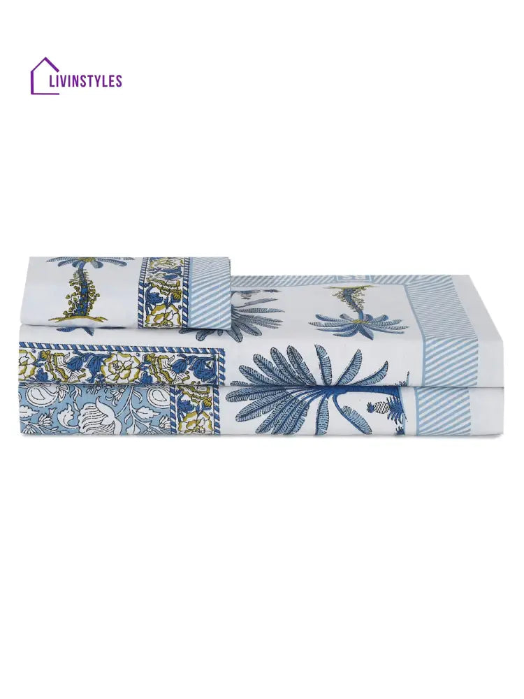 Sky Blue Floral Print 144 Tc Cotton Single Bed Sheet With 1 Pillow Cover