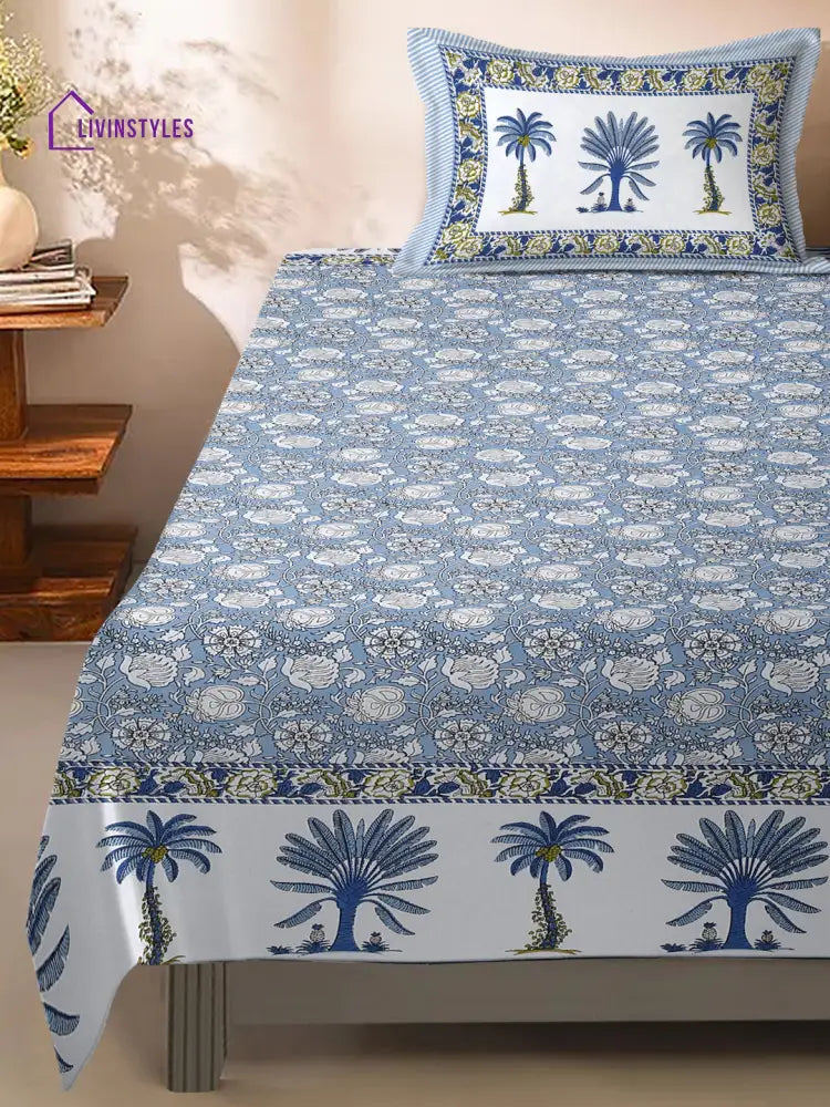 Sky Blue Floral Print 144 Tc Cotton Single Bed Sheet With 1 Pillow Cover