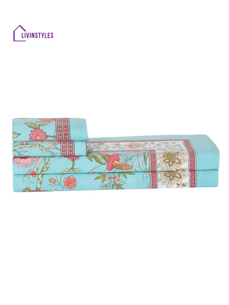 Sky Blue Floral Print 180 Tc Cotton Double Bed Sheet With 2 Pillow Covers