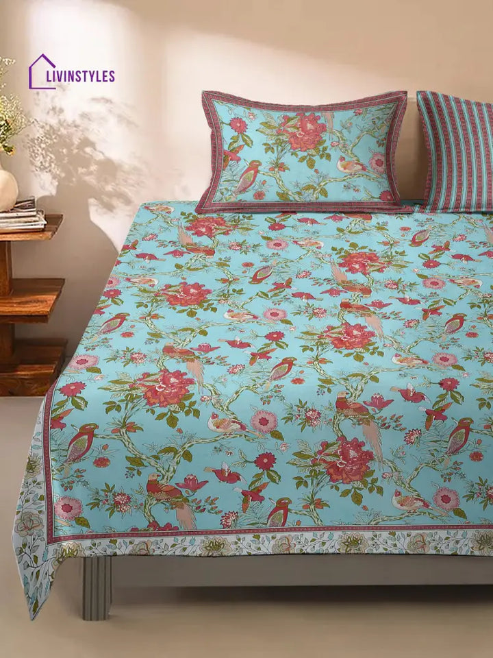 Sky Blue Floral Print 180 Tc Cotton Double Bed Sheet With 2 Pillow Covers