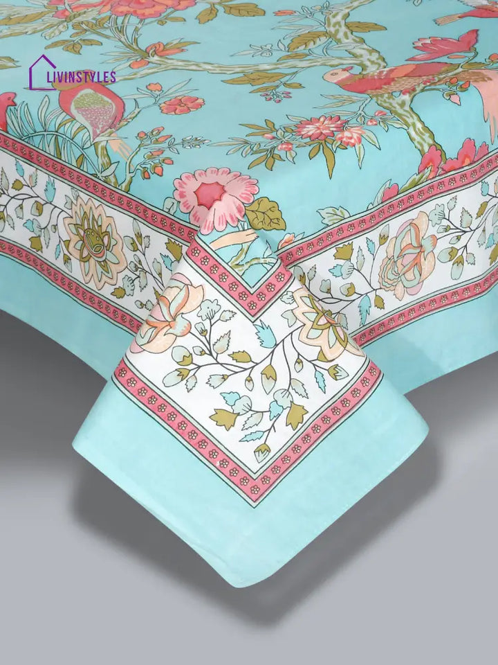 Sky Blue Floral Print 180 Tc Cotton Double Bed Sheet With 2 Pillow Covers