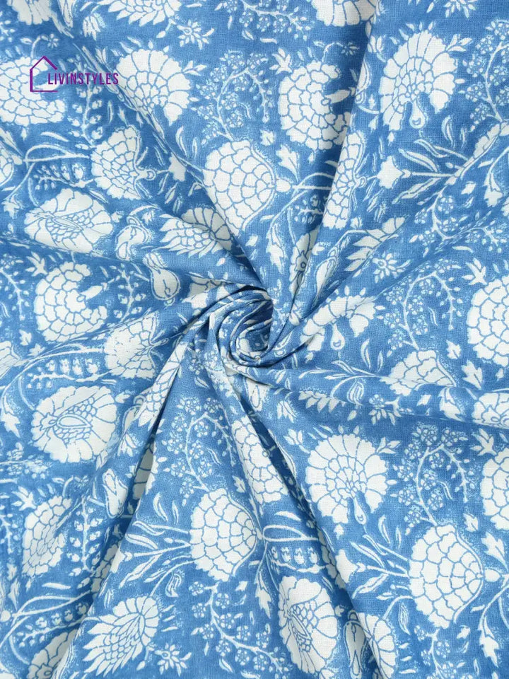 Sky Blue Floral Print Cotton King Bed Sheet With 2 Pillow Covers