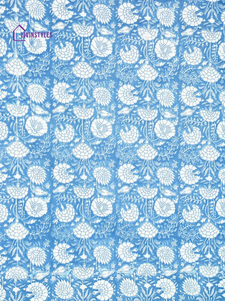 Sky Blue Floral Print Cotton King Bed Sheet With 2 Pillow Covers