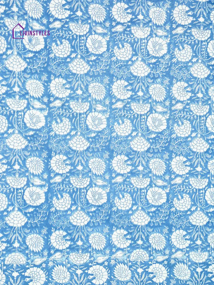 Sky Blue Floral Print Cotton King Bed Sheet With 2 Pillow Covers