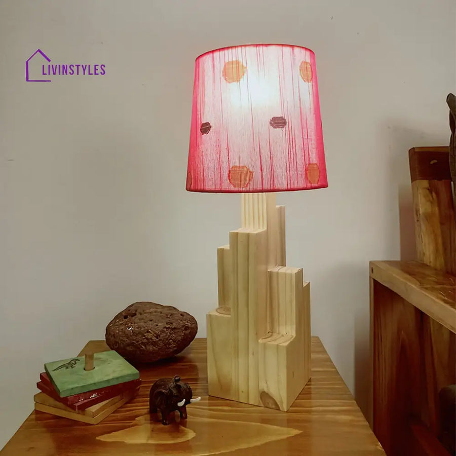 Skyline Beige Wooden Table Lamp With Red Printed Fabric Lampshade Lamps