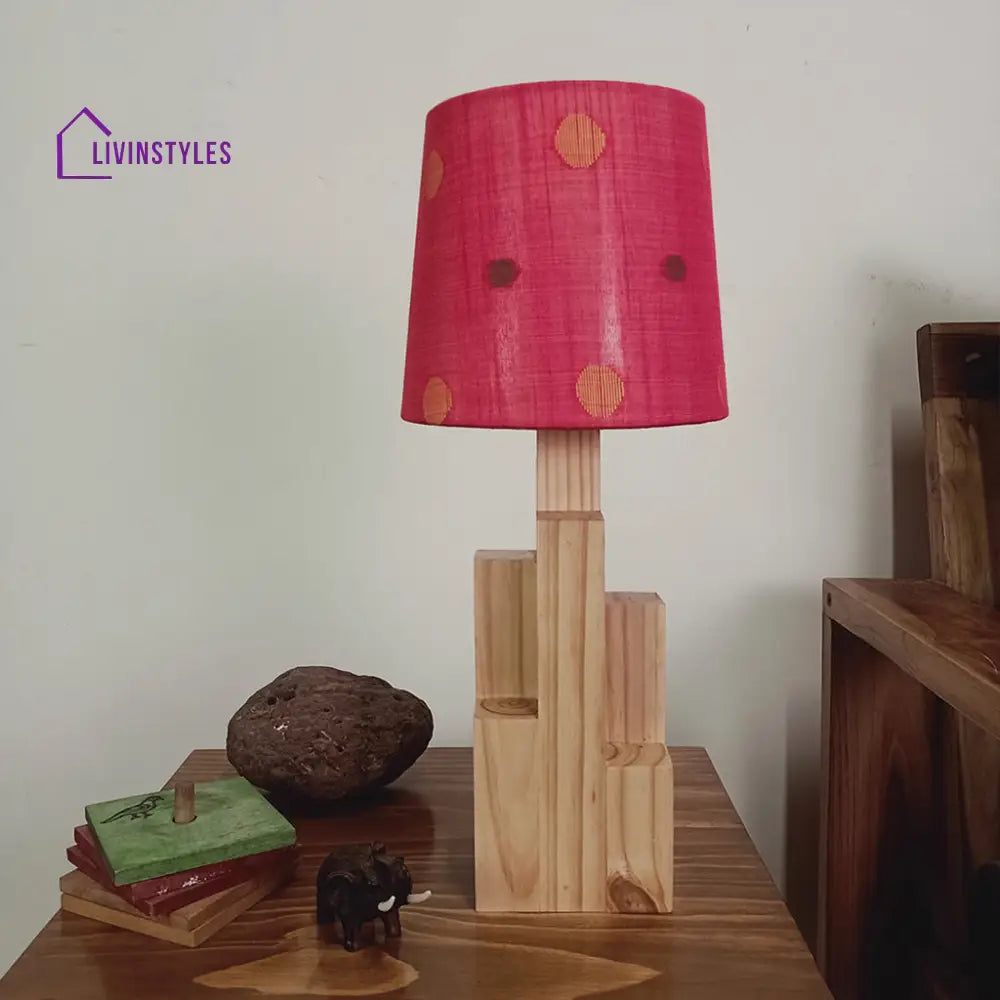 Skyline Beige Wooden Table Lamp With Red Printed Fabric Lampshade Lamps