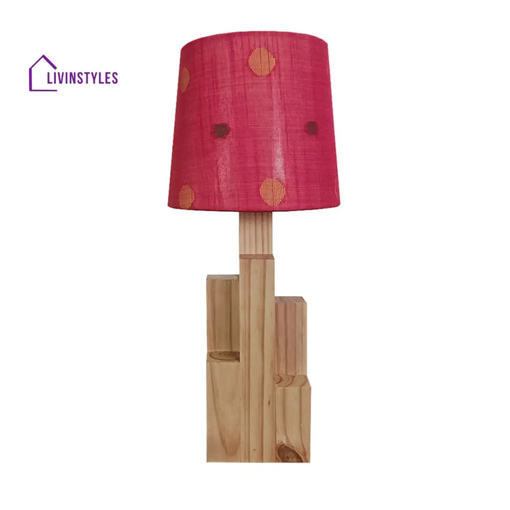 Skyline Beige Wooden Table Lamp With Red Printed Fabric Lampshade Lamps