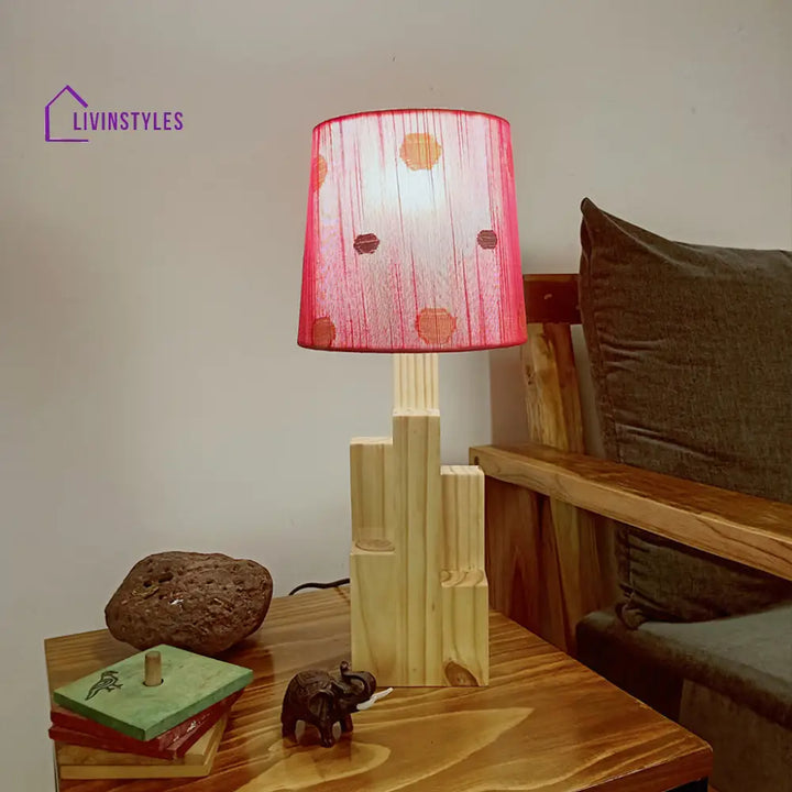 Skyline Beige Wooden Table Lamp With Red Printed Fabric Lampshade Lamps