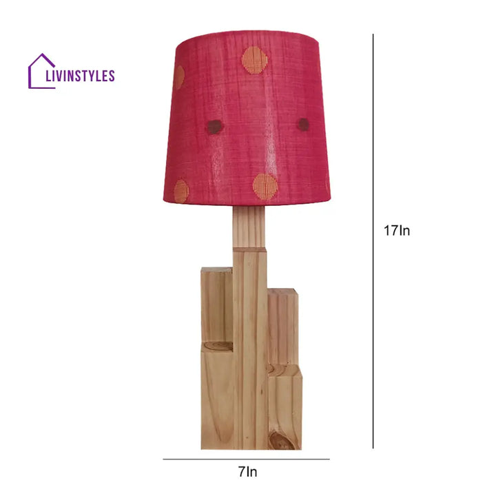 Skyline Beige Wooden Table Lamp With Red Printed Fabric Lampshade Lamps