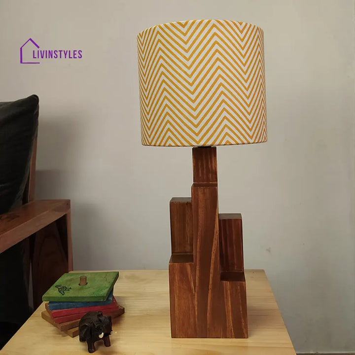 Skyline Brown Wooden Table Lamp With Yellow Printed Fabric Lampshade Lamps